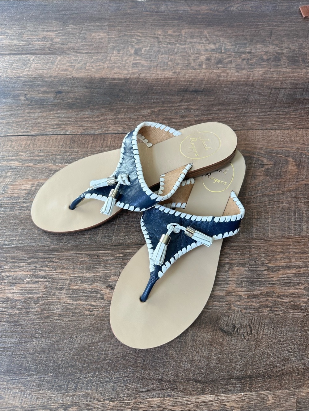 Jack Rogers Navy and Tan Tassel Thong Sandals - Women